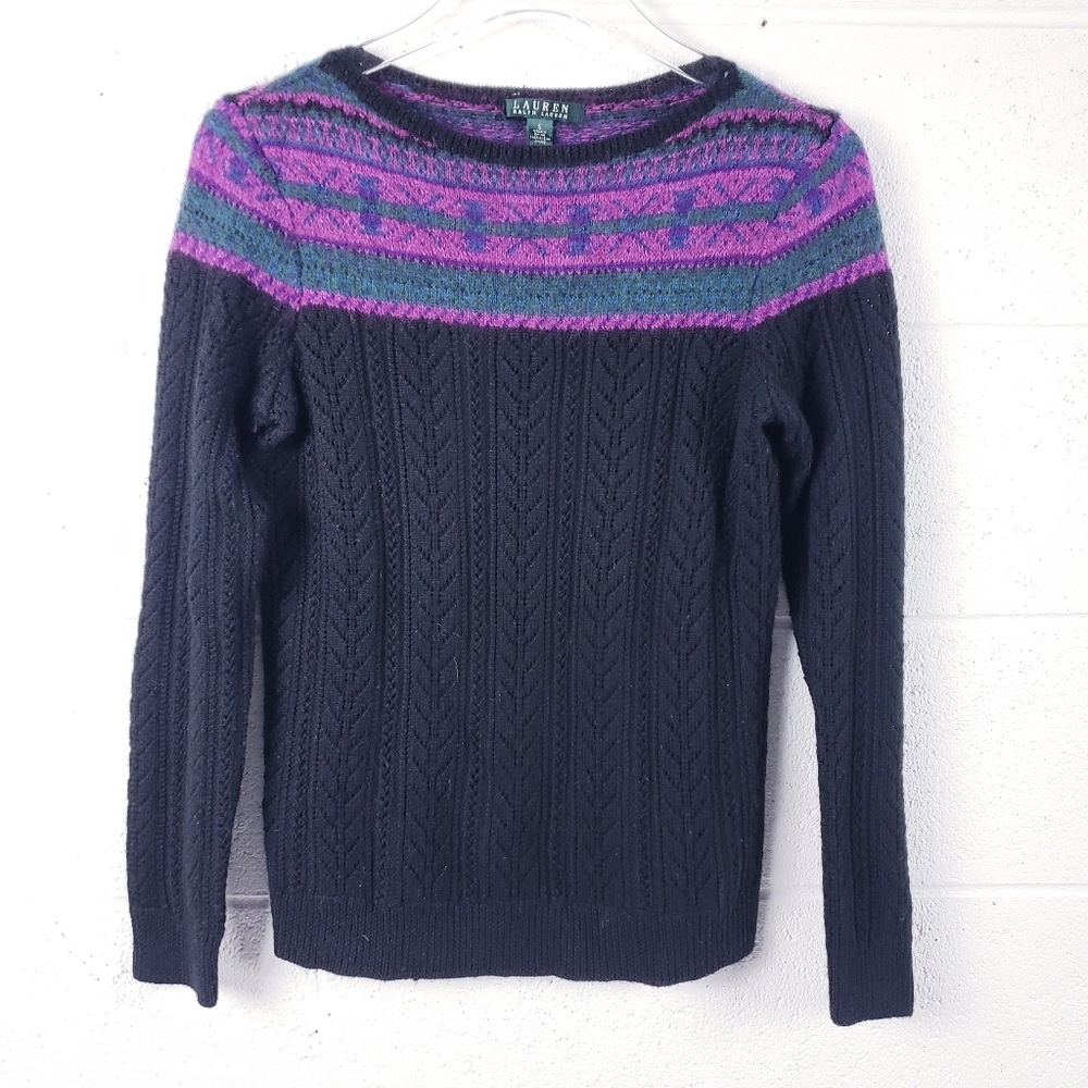 Lauren Ralph‎ Lauren Fair Isle Sweater Mohair Wool Women’s Small Black Purple